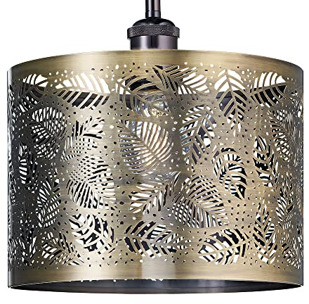 Contemporary and Unique Antique Brass Metal Pendant Light Shade with Fern Leaf Decoration Creating Lovely Effect Against the Walls | 60w Maximum | 25cm Diameter by Happy Homewares