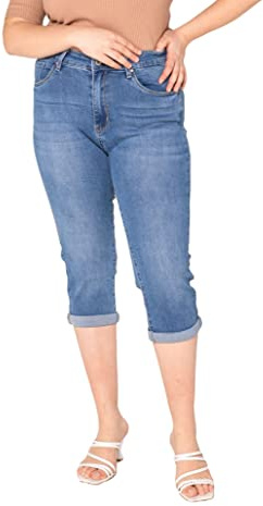 Nina Carter P200 dam caprijeans, stora storlekar, hög midja, jeans, sommarbyxor, använd look, Blå (P200-5), 44 plus size