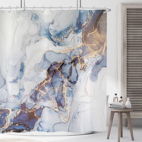 ASDCXZ Duschvorhang Marmor Blau 180x200 cm, Modern Abstrakt Blau Gold Weiß Marmor Optik Textur Waschbar Stoff Bad Duschvorhänge Polyester Textil Wasserdicht Duschvorhang für Badewanne mit 12 Hake