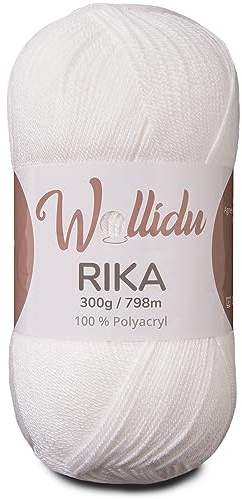 Wollidu Rika-garn för virkning och stickning, 300 g/798 m stickgarn, 100 % polyakryl, virkgarn, vitt
