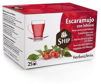Ship - Té de Escaramujo con Hibisco en Caja de 25 Unidades - Propiedade Astringentes, Depurativas y Diuréticas - Alto Contenido en Vitaminas - Infusiones Variadas