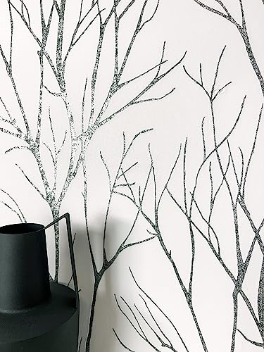 Newroom Vliestapete Weiß Schwarz Äste Glitzer Tapete Wohnzimmer | filigrane Zweige mit Glanzpartikel, Anthrazit Kontrast, feine Struktur, moderne Wandtapete, Mustertapete, Flur