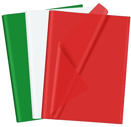 CHRORINE 60 fogli Carta velina di Natale Multicolor Arte Regalo Wrapping Carta velina Bulk per DIY Artigianato Decor Festa di Natale (rosso/verde/bianco)