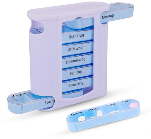 Hygiene100 Pillendosierer, 1 Spender, 7 stapelbare Fächer für morgens und abends, vier Mal am Tag – morgens, mittags, abends und Schlafenszeit, BPA-freie Medikamentenbox