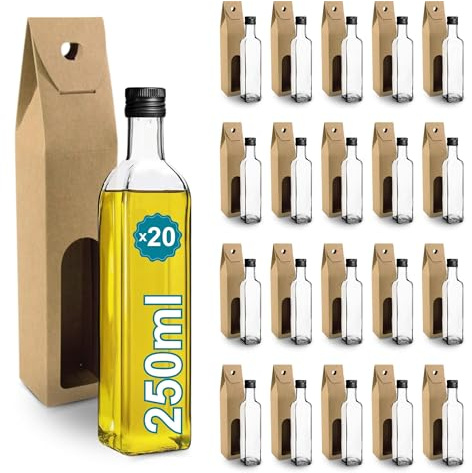 Espirito Rebelde 20 Bouteilles en Verre 250ml avec Bouchon a Vis Noir + 20 Boîtes | Huile d'Olive, Vinaigre, Alcool, Sauces | Huilier