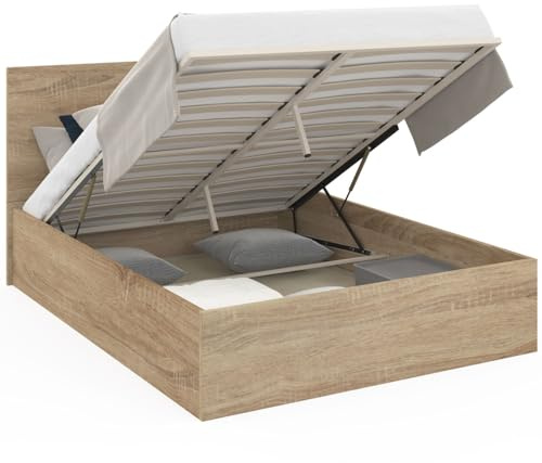 IDMarket - Lit Coffre Double Seaside 140x190 cm façon hêtre | Avec tête de lit oreiller et sommier