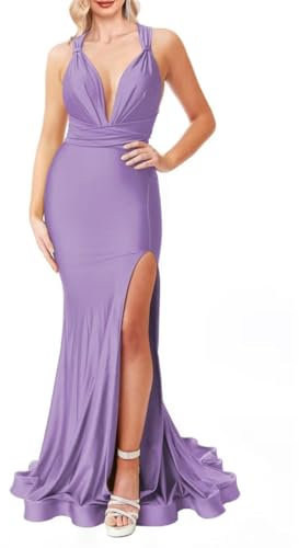 Vestido de dama de honor de sirena para mujer, para boda, sin espalda, de satén, vestido de fiesta formal con abertura, Lila, 36