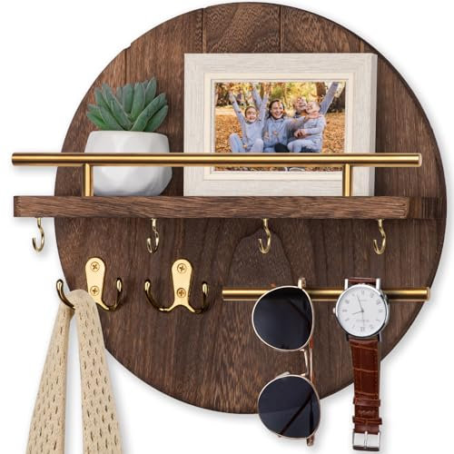 Nekon Key Holder Wall Mount, 11.8 Inch Key Rack with Shelf and 6 Key Hooks, Rustic Key and Mail Organizer, Circular Wooden Key Hanger for Entryway Hallway Kitchen (Brown&Gold)