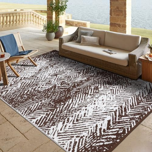 TUKDAK Outdoor Rug for Patios Waterproof 150×245 cm, Brown Portable UV Resistant Carpet for Picnic, Reversible Balcony Mat Easy Clean, Recycled Plastic Indoor&Outdoor Rugs for Beach Garden RV Patio
