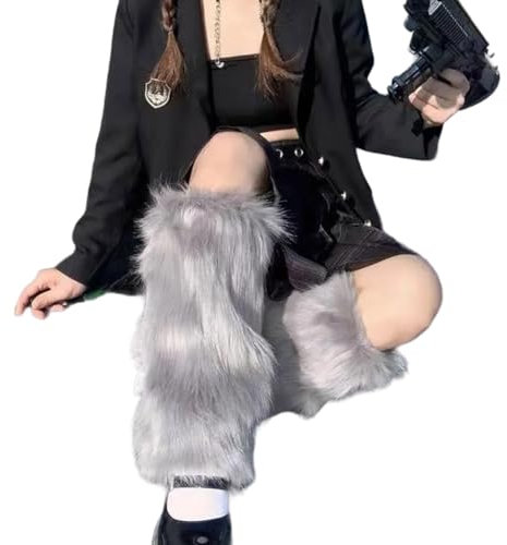 Plüsch-Beinstulpen für Damen, japanischer Vintage-Stil, einfarbig, grau, Winter, warm, pelzige Beinärmel
