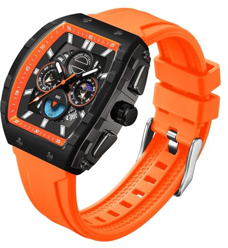 findtime Herren-Armbanduhr, Chronograph, analog, Sport, wasserdicht, Lauf-Stoppuhr, Tonneau-Uhren für Herren, leuchtende Mondphasenanzeige, Quarz-Armbanduhr, Orange, Armband