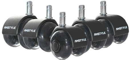 AMSTYLE 5er Set leichtgängige Universal-Schwerlastrollen für Bürostuhl 11 mm Stift/Durchmesser 50 mm, Leise Premium Hartbodenrollen Bürostuhlrollen, Drehstuhlrollen Schwarz, Doppellaufrollen