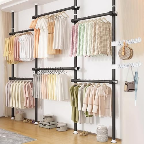 Teleskop garderobensystem, Teleskopstange Kleiderständer Mit 6 Kleiderstangen, Teleskop Kleiderschrank Mit 2 Haken, 110 Bis 300 cm Verstellbares Regalsystem, für den Heims- und Bekleidungsgeschäft