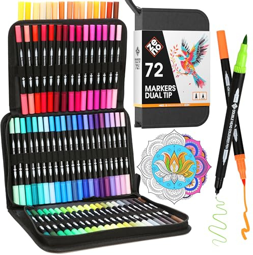 ZENO 72 Dual Tip Markers Set with Case – No-Bleed Coloring for Adults - Fine & Brush Tip - Art Markers - Watercolor Pens for Artists, Coloring, and Journaling