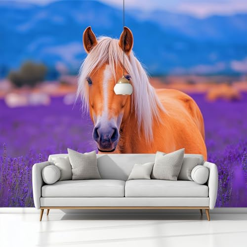 Papel Tapiz Fotográfico Animales Campos De Lavanda Caballos Fotomurale 200 x 140 cm Art Mural Púrpura Papel Pintado Fotomural, para Cafe Restaurant Dormitorio Hoga Murales Decoración