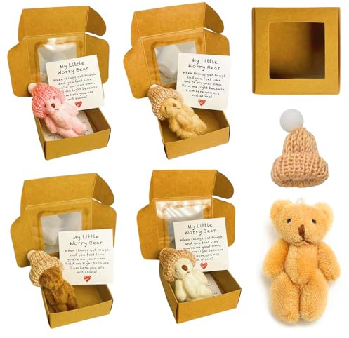 4 Stück Kleiner Bär, Kleiner Bär in Box, Mini Plüschbär in Box mit Inspirierender Karte Gehäkelte Kleine Bären Umarmung Positive Geschenke für Abschluss Geburtstag Schulanfang