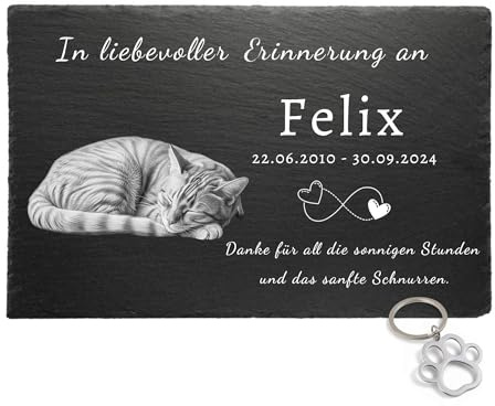 eGenuss Personalisierter Katzengrabstein – Gedenkstein für Katze mit schlafendem Motiv, wetterfestes Erinnerungsstück für Garten & Grab
