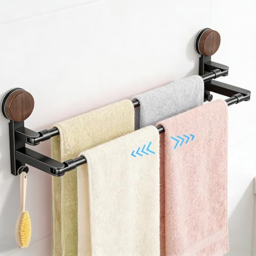 Toallero sin taladrar, barra doble con longitud ajustable 50-97 cm, toallero extensible con ventosa con 2 ganchos, sin taladrar ni pegar para pared, puerta, baño, cocina, ducha