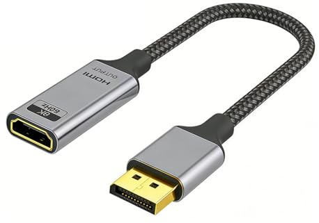 MysRuida Câble tressé DisplayPort 1.4 vers HDMI 2.1 EMI/RFI 0,2 m, 48 Gbit/s, 8K @ 60 Hz/4K @ 144 Hz/2K @ 240 Hz, HDCP2.3/Dolby Atmos/HDR10/DSC1.2/eARC/VRR/ALLM/QFT, compatible avec lecteur Blu-ray