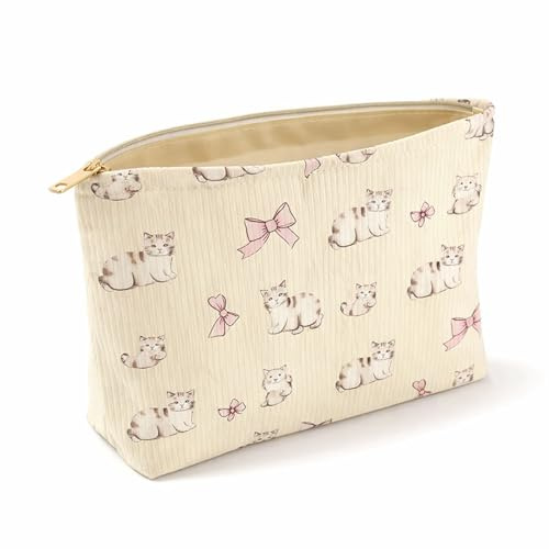 Makeup Bag, Cream Ribbed Cat Print Cosmetic Pouch, 1-Piece, Zip Opening | Flat Base For Upright Placement, Wide Access To Main Compartment, For Handbags, Luggage, Home Storage And Travel Toiletries