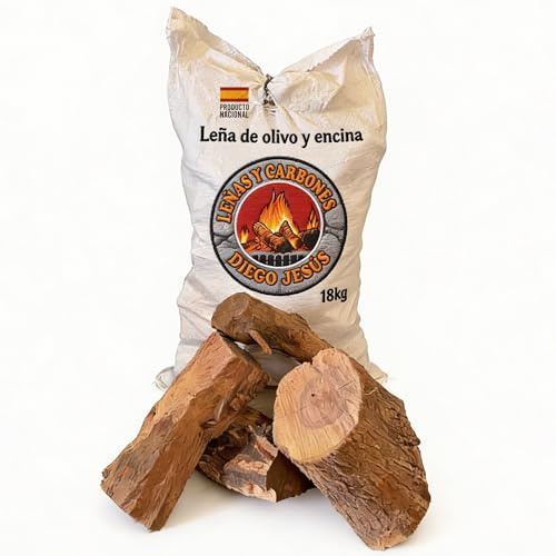 Leña de Encina y Olivo 18 kg para Chimeneas y Estufas Alta Densidad Combustión Lenta Brasas Duraderas Troncos Grandes Madera Natural para Calefacción