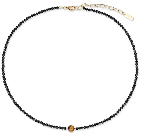 COAI Collana Estiva da Donna con Perline Sfaccettate di Tormalina Nera e Occhio di Tigre, Collana da Donna in Tormalina Nera Stile Minimalista