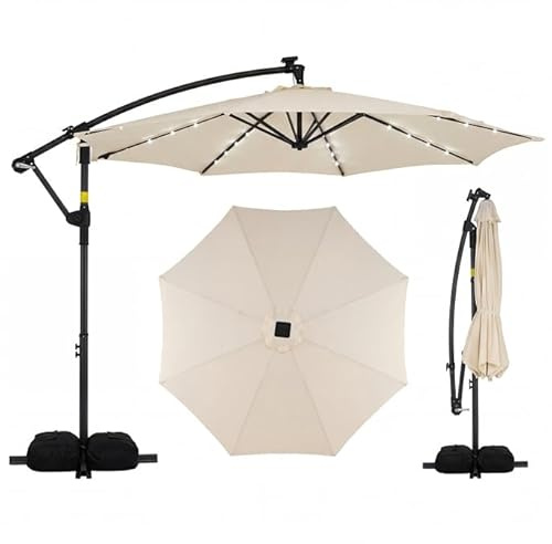 COSTWAY Ombrellone da Giardino 300 cm, 32 Luci LED Solari, Anti-UV, Manovella, 2 Sacchi di Sabbia, 8 Stecche per Esterno Piscina Patio (Beige)