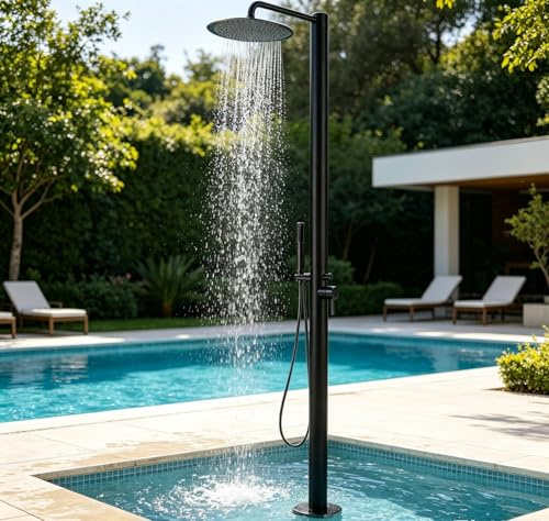 KUNYOS Doccia da Giardino in Acciaio Inox, Autoportante, Doccia Esterna Fredda E Calda, Doccia per Piscina All'aperto, Spazzolata, Dotata di Doccia A Testa E A Mano,Nero