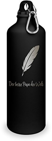 printplanet Trinkflasche mit Namen Bester Papa der Welt - graviert mit Feder Layout, Aluminiumflasche mit Gravur, Sportflasche - matt schwarz