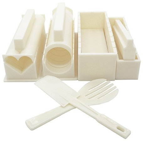 EXZACT Sushi Maker Kit 10pcs, Rice Roll Mould Set 5 Unique Shapes: Heart, Round, Pyramid, Square, Japanese Cuisine at Home, Cream White