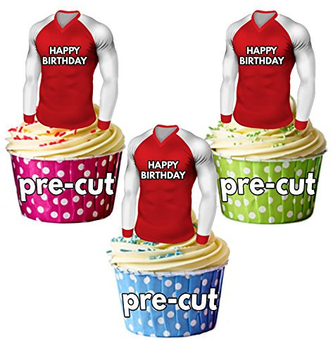 AK Giftshop PRECUT Happy Birthday Football Shirts - Edible Cupcake Toppers/Cake Decorations Red and White Shirt Top (Pack of 12)