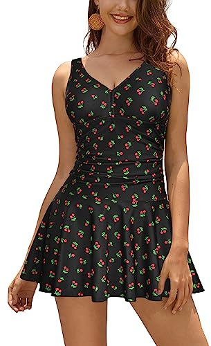 SHEKINI Donna Costume da Bagno con Gonna One Piece Bikini Imbottito Vintage Costume Intero con Coppe Soffici Solido Dimagrante Skirted Swimwear Costume Mare Modellante（M, Ciliegia）