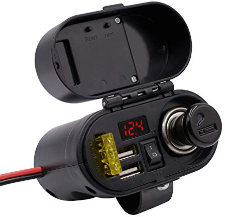 Kriogor 3A/5V 2 Ports USB Steckdose+ Zigarettenanzünder+ 15A Sicherungshalter+ Spannung Voltmeter + EIN/Ausschalter für 12V Motorrad ATV
