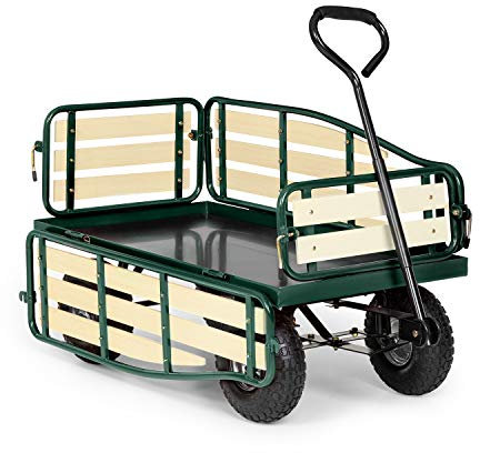 Waldbeck Ventura - Carretilla de Mano, Carro de Transporte de Acero, Gran Superficie de Carga Pesada, Soporta hasta 300kg, Paredes Laterales Plegables, Ruedas Goma, Verde Oscuro