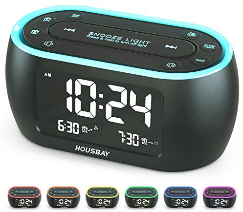 HOUSBAY Radio, Reloj Despertador pequeño Brillante para dormitorios con luz Nocturna de 7 Colores, Alarma Dual, atenuador, Cargador USB, batería de Respaldo, Temporizador de Siesta, Radio FM con