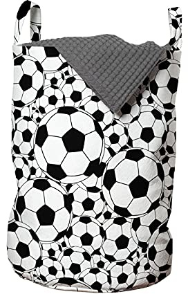 ABAKUHAUS Fußball Wäschesack, Monochrome Balls Jungen, Wäschekorb mit Griffen Kordelzugverschluss für Waschsalons, 33 cm breit x 49 cm hoch, Weiß Schwarz