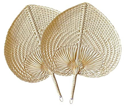 YHUS Natürlicher Bambus-Rattan-Ventilator, handgewebtes Palmblatt-Design, herzförmiges gewebtes Gebläse, Sommer-Kühlventilator, 2 Stück