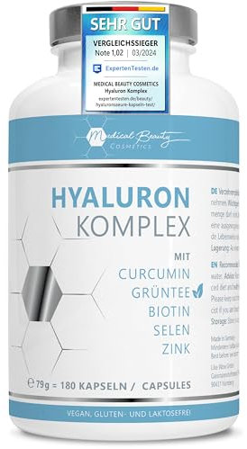 180 Hyaluronsäure Kapseln hochdosiert mit Zink - 600mg Hyaluron mit Curcumin und Grüntee-Extrakt – Vegane Hyaluron Kapseln mit Biotin, Selen ohne Zusätze in Deutschland produziert & laborgeprüft