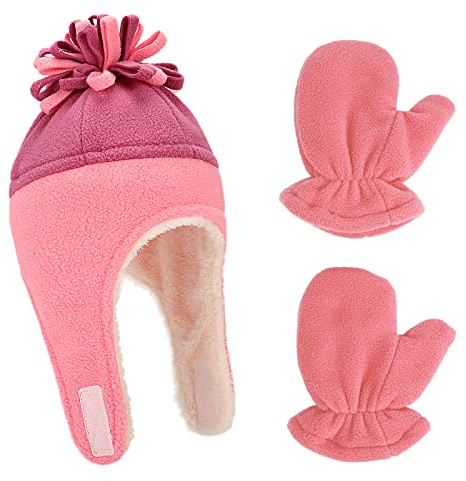 LACOFIA Baby Mädchen Winter Warmes Vlies Mütze Sherpa Gefütterte Kappen Kleinkind Ohrenklappe Pilotenhut und Fäustling Set Wassermelone Rot/Violett 1-3 Jahre