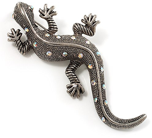 Grande broche vintage en forme de lézard avec strass (ton argent), taille unique, Pas de type de métal, diamante