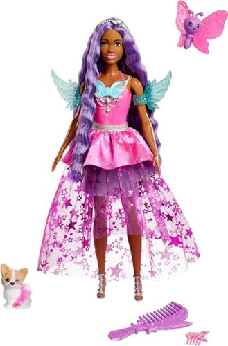 Barbie Ein Verborgener Zauber - Brooklyn Roberts mit märchenhaftem Kleid, Zubehör und Zwei entzückenden Tieren, ca. 18 cm langes lilafarbenes Fantasiehaar, für Kinder ab 3 Jahren, HLC33