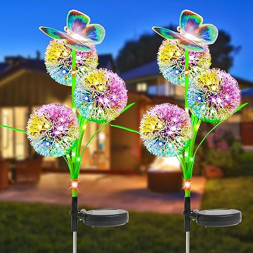 Solar Dandelion Garden Lights - 2 Pack, 2 Modes, Waterproof, Butterfly Garden Decoration for Patio, Yard, Pathway