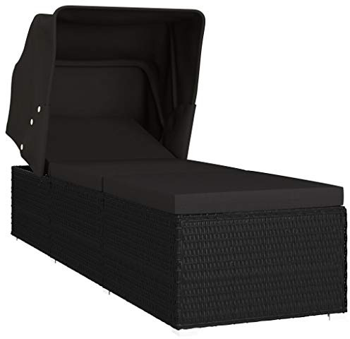 Gecheer Sun Lounger with Canopy and Cushion Poly Rattan Black, Patio Chaise Lounge Chair Patio Furniture, Lounge Bed Recliner Camping Sunbed for Outdoor Beach Camping Pool