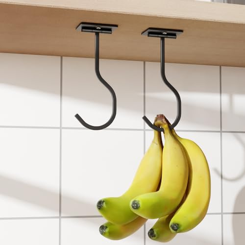 Paquete de 2 ganchos autoadhesivos de metal para colgar plátanos, gancho debajo del armario para artículos de cocina, gancho plegable para plátano con imanes