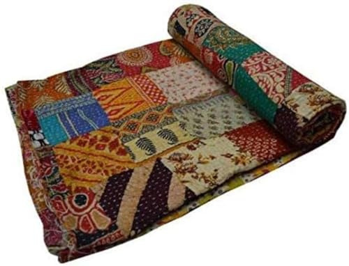 Estationeryhouse Kantha-Steppdecke, indischer Vintage-Stil, Patchwork, handgefertigt, wendbar, Tagesdecke, Seidenstoff, Bohemian-Steppdecke (152,4 x 228,6 cm)