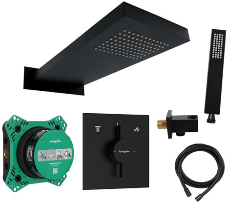 vanvilla Duschsystem Unterputz mit Duscharmatur Hansgrohe schwarz HGS207 | Duscharmatur von Hansgrohe DuoTurn E und vanvilla Regendusche Duschkopf eckig, Dusch-SET schwarz matt beschichtet
