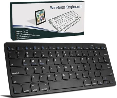Clavier Sans Fil Bluetooth,Mini Clavier QWERTY,Claviers Silencieux,Compact et Ultra Mince Portable Keyboard pour Mac,iPad, Tablette,Phone,Surface,Plat,iOS,Android,Chrome,Windows,14 Raccourcis,Noir