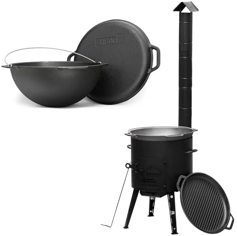 15L Kazan mit Ø40 Uchag Utschak mit Abzugsrohr Utschag 2mm stahl Kessel mit Deckel-Grillpfanne aus Gusseisen Kasan Feuerstelle Feldküche