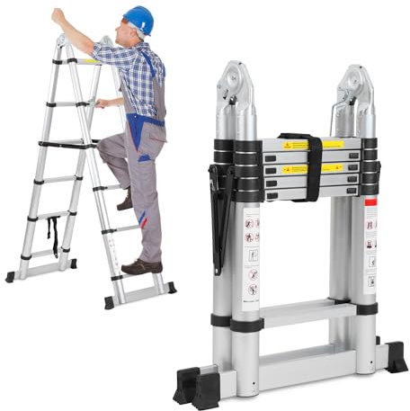Jiubiaz Échelle télescopique - 3,8 m (1,9 m + 1,9 m) - en Aluminium - avec stabilisateurs - Portable - Cadre A - Antidérapante - Charge maximale : 150 kg - Argenté