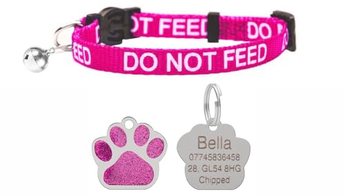 LARRYROO Katzenhalsband mit Aufdruck Do Not Feed, weiches Nylon und Sicherheitsschnalle, mit personalisierbarer Gravur, glitzernder Pfotenabdruck, Rosa